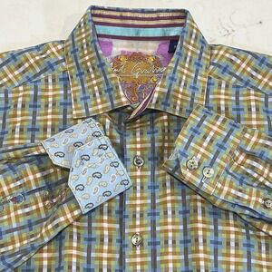Robert Graham M Long‎ Sleeve Button Up Flip Cuff Basket Weave Plaid Green Blue